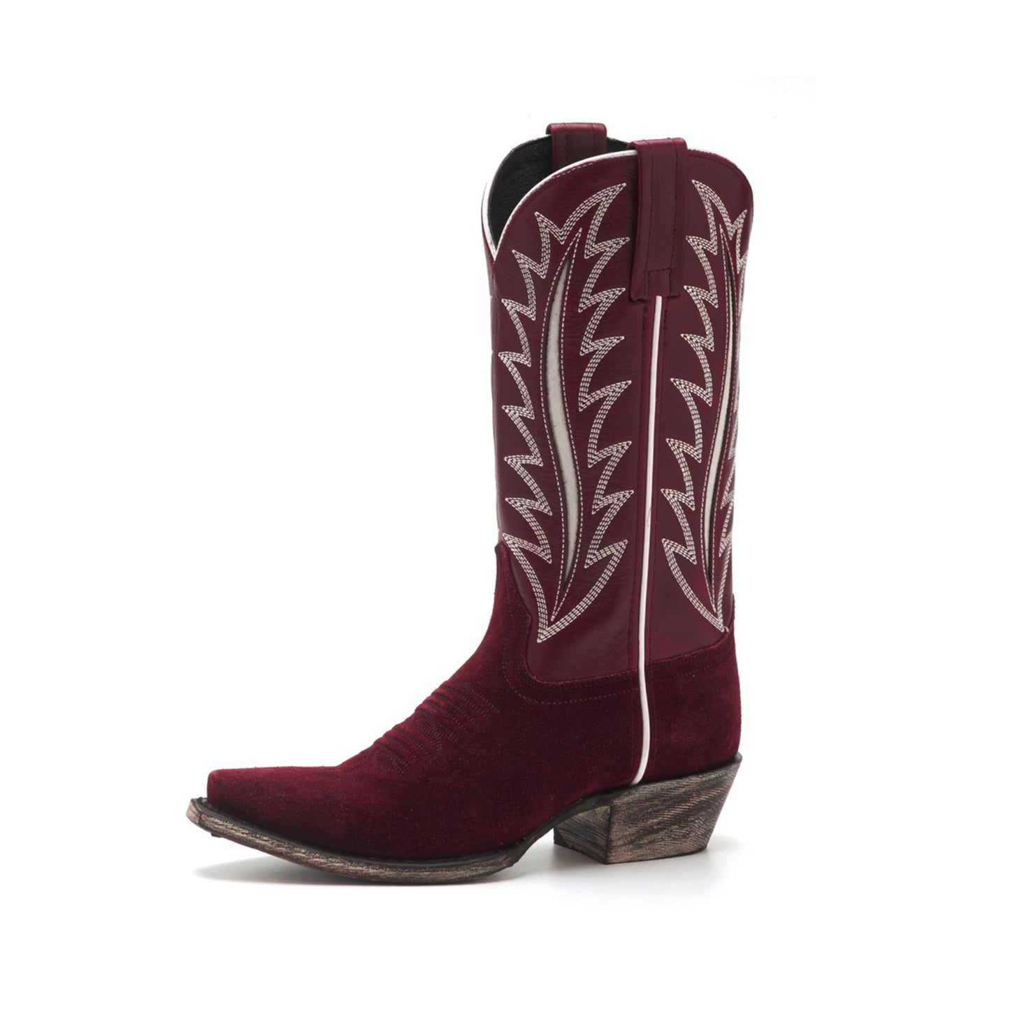 Burgundy Contrast Vegan Leather And Faux Suede Snip-Toe Inlay Embroidery Mid Calf Cowgirl Boots