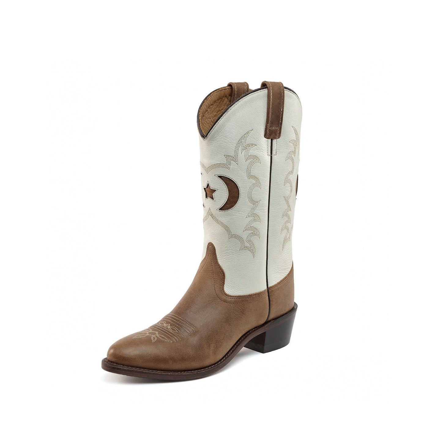 Contrast White And Brown Almond-Toe Moon Star Inlay Embroidery Mid Calf Cowgirl Boots