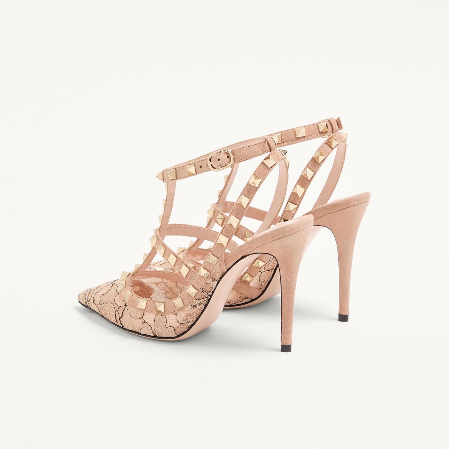 Tan Lace Mesh Pointed-Toe Studded Strappy Slingback High Heels
