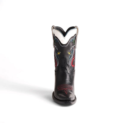 Contrast Black And White Snip-Toe Inlays Ankle Cowgirl Boots