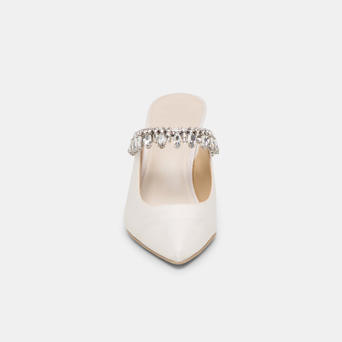 White Satin Pointed-Toe Slip-On Bridge Crystal Fringe Kitten Heels