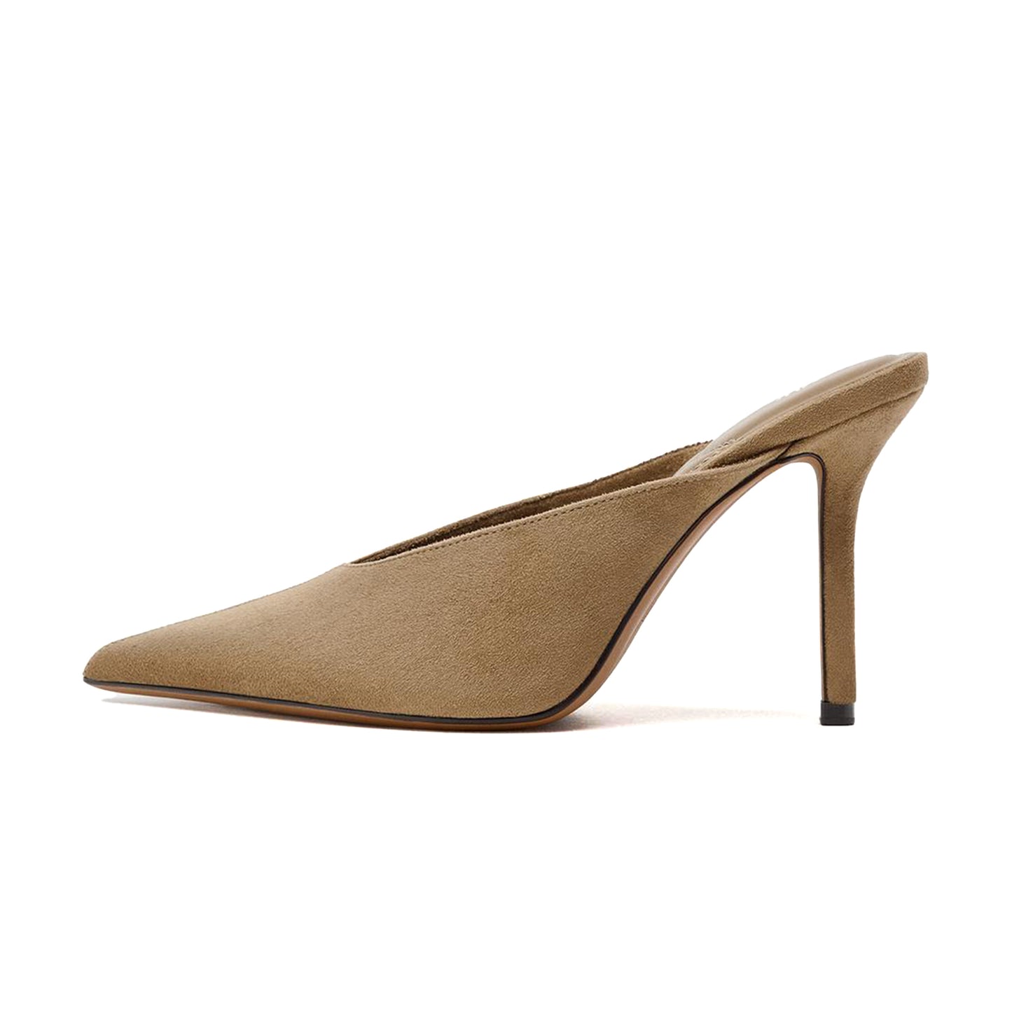 Sandy Brown Faux Suede Pointed-Toe Slip-On Backless High Heels