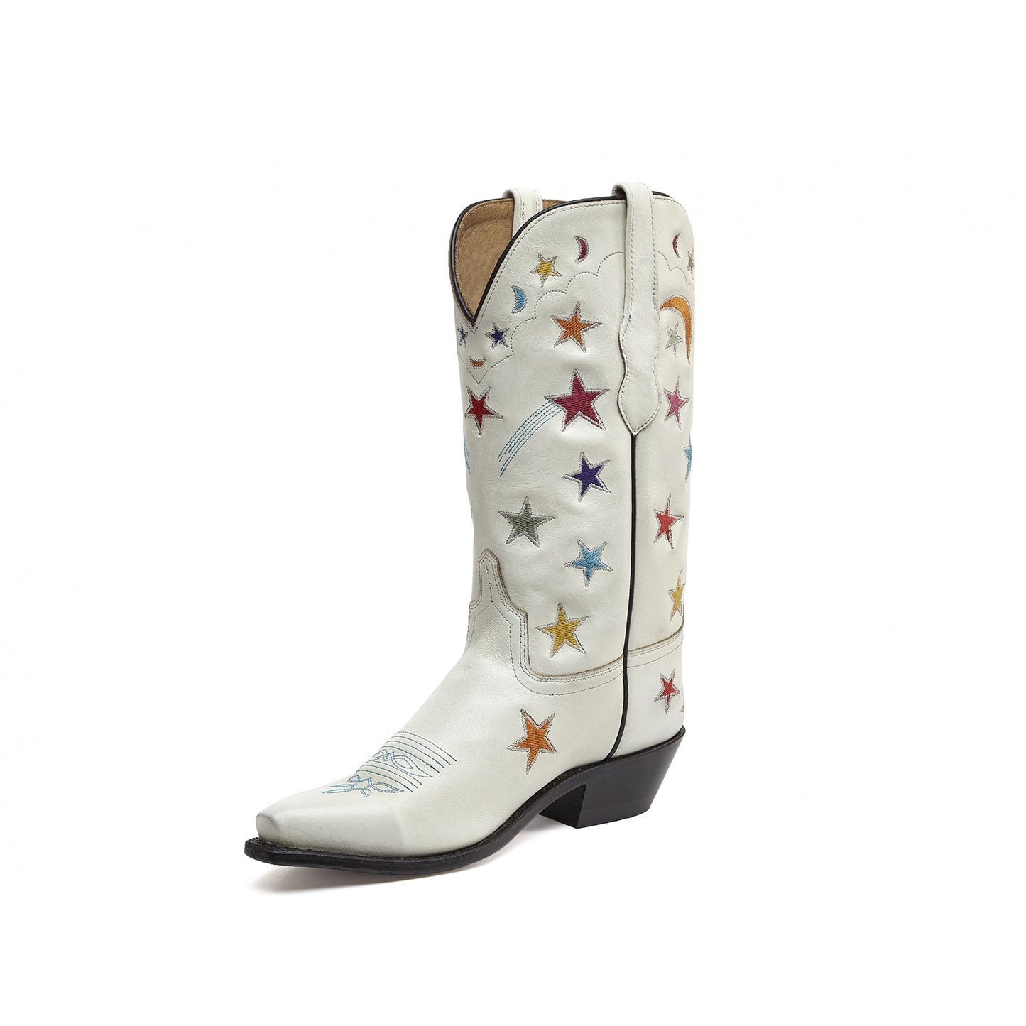 White Snip-Toe Stars And Moons Embroidery Mid Calf Cowgirl Boots