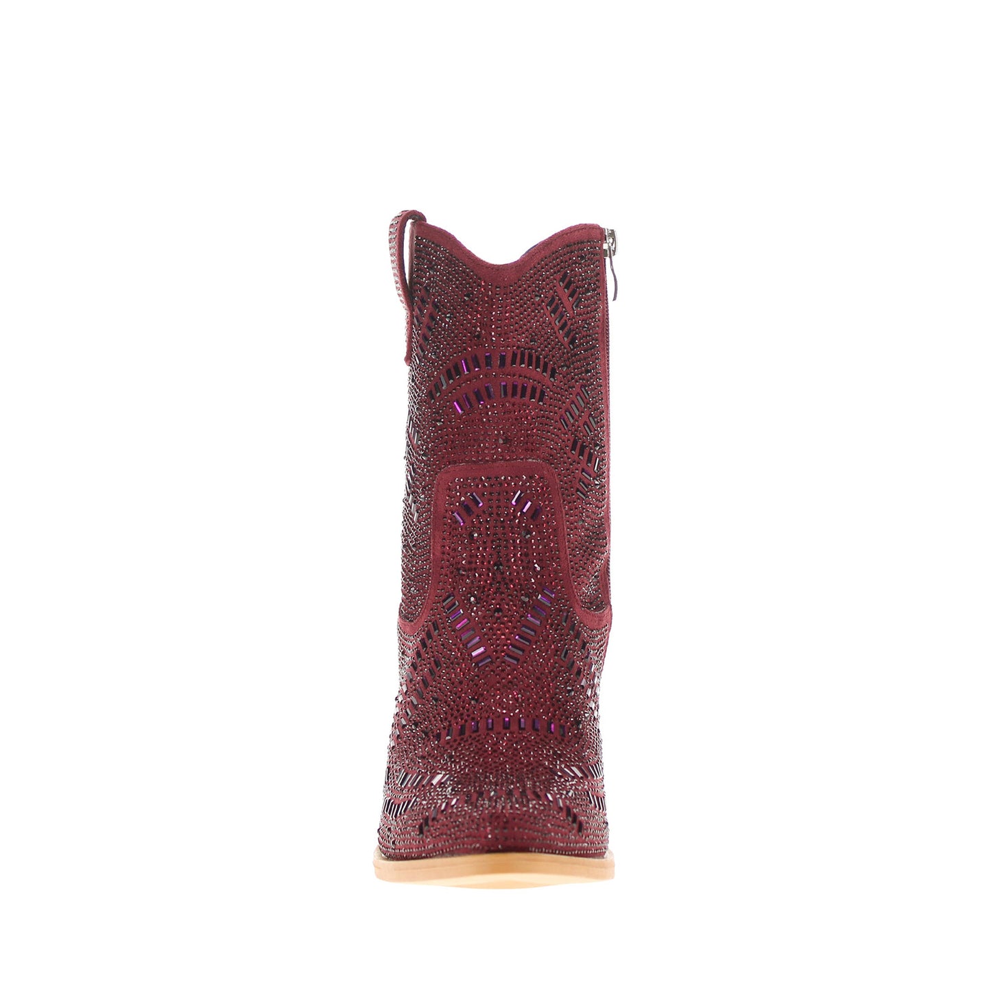 Maroon Faux Suede Pointed-Toe Full Crystals Full-Zip Ankle Cowgirl Boots