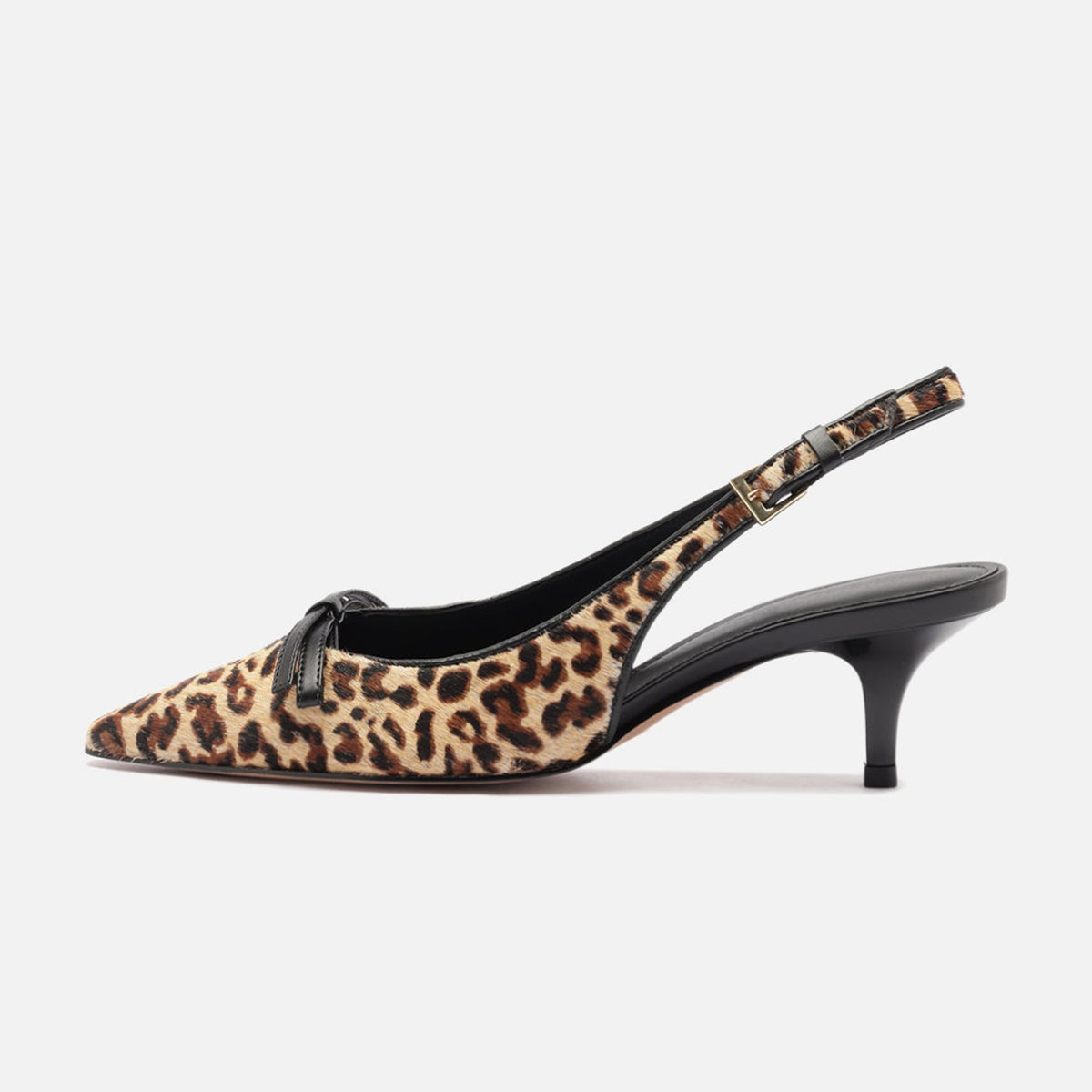 Leopard Pattern Pony Hair Vegan Leather Chic Pointed-Toe Front Bow Buckle Slingback Kitten Heels