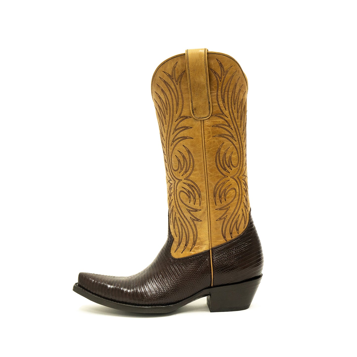 Contrast Tan And Chocolate Lizard Print Snip-Toe Embroidery Mid Calf Cowgirl Boots
