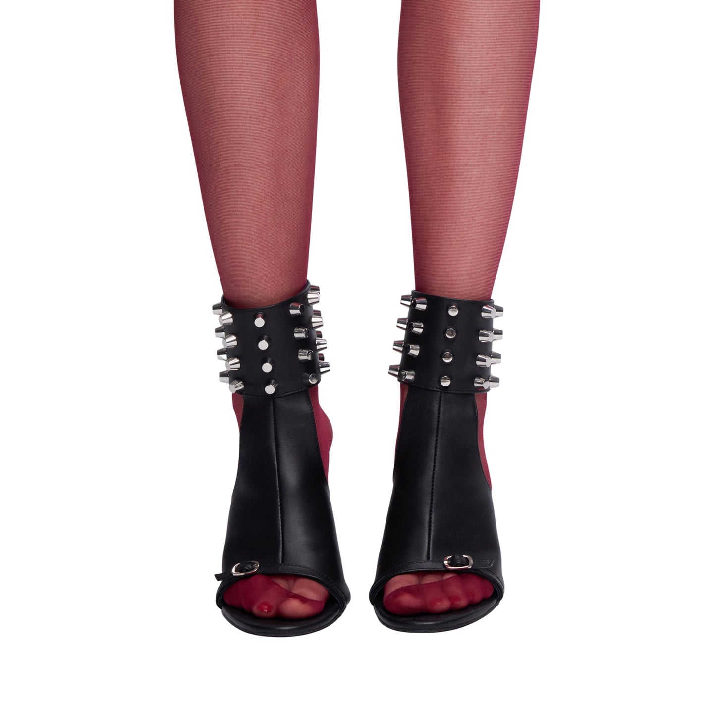 Black Open Round-Toe Studded Thick Ankle Strap With Lace-Up High Heels
