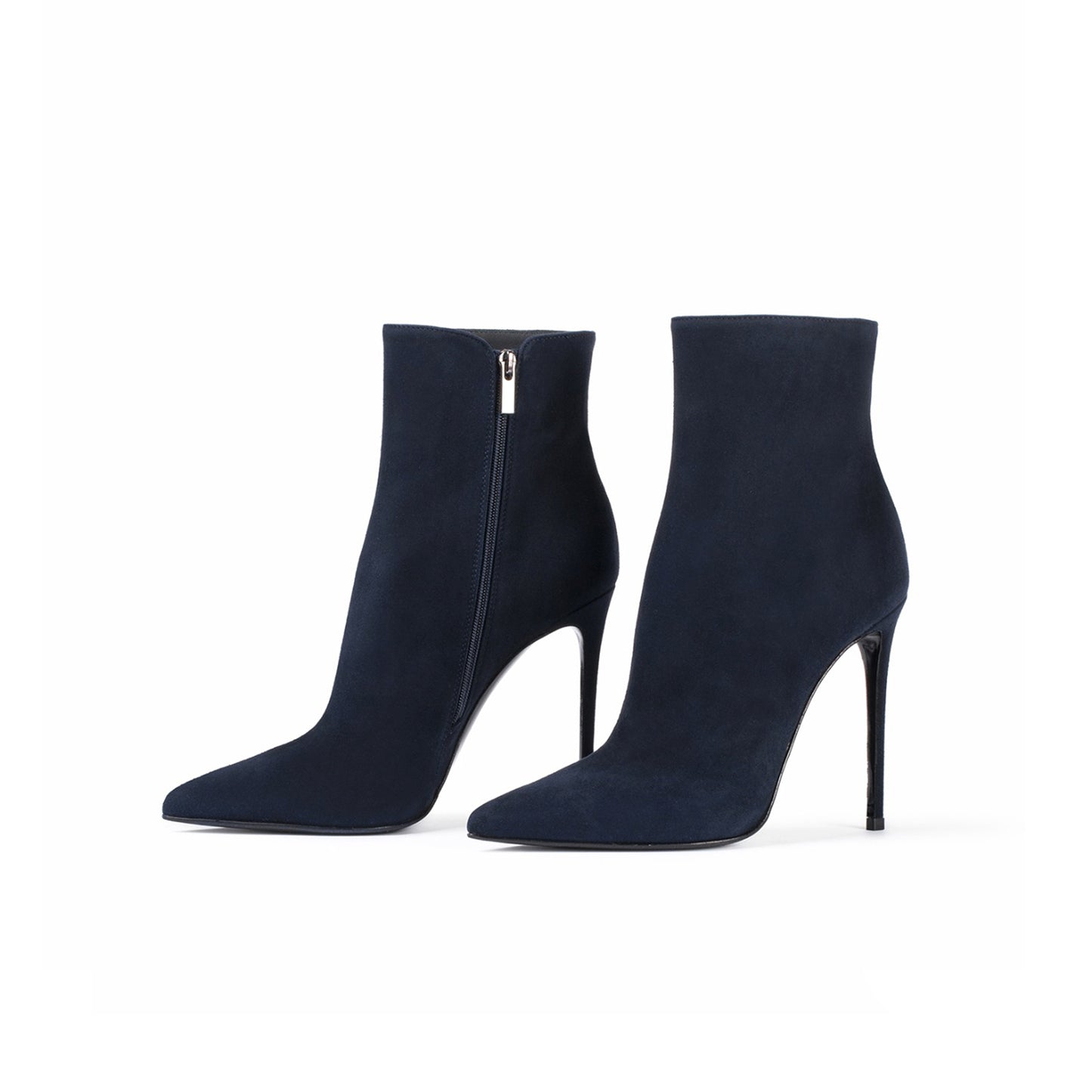 Dark Blue Faux Suede Pointed-Toe Simple Full-Zip Ankle Stiletto Boots