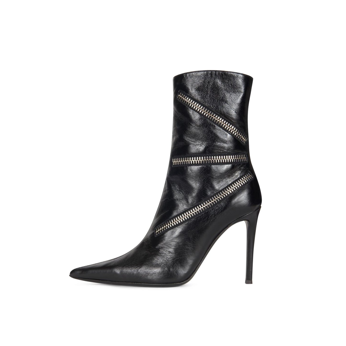 Black Pointed-Toe Three Zippers Decoration and Full-Zip Ankle Stiletto Boots