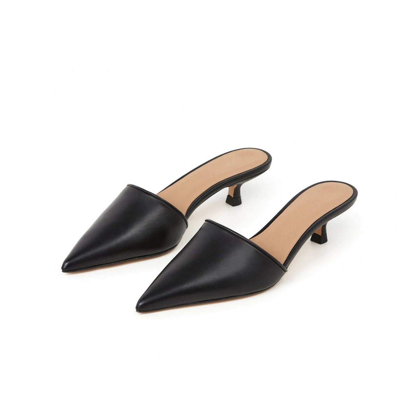 Black Pointed-Toe Slip-On Backless Kitten Heels
