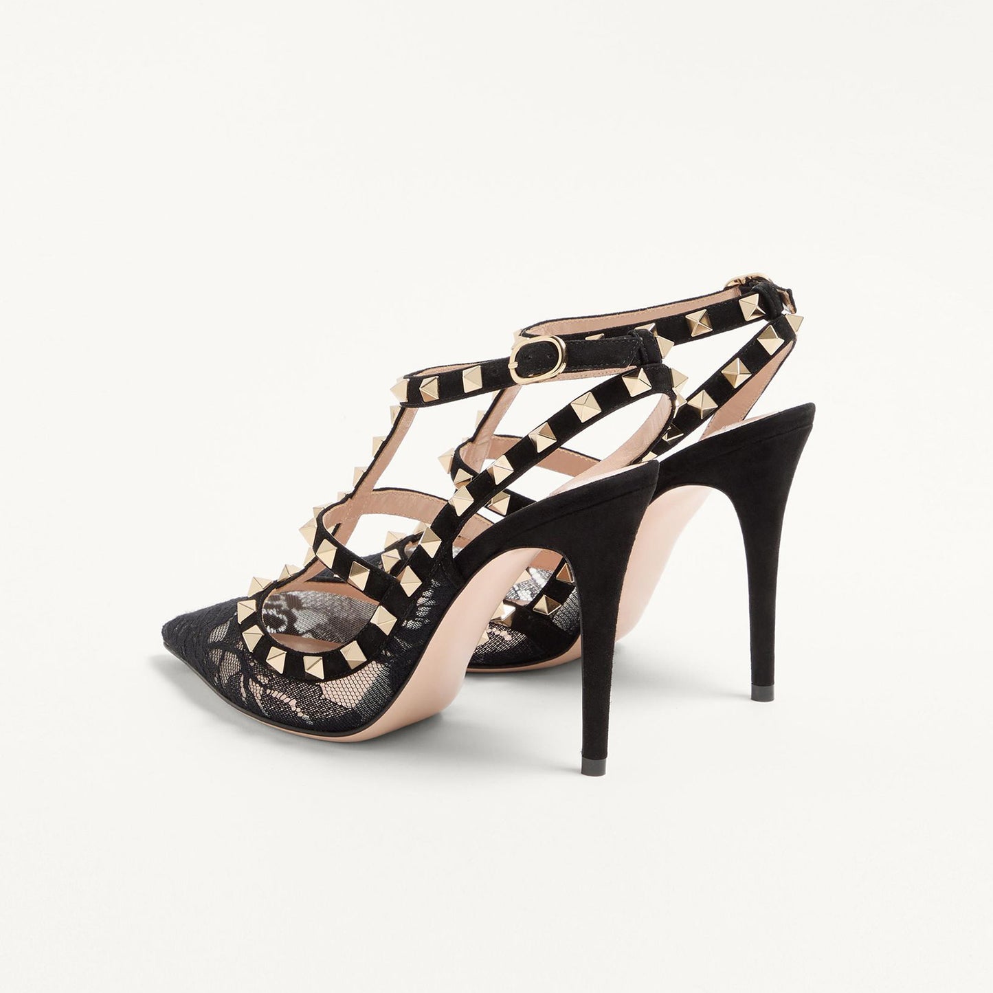 Black Lace Mesh Pointed-Toe Studded Strappy Slingback High Heels