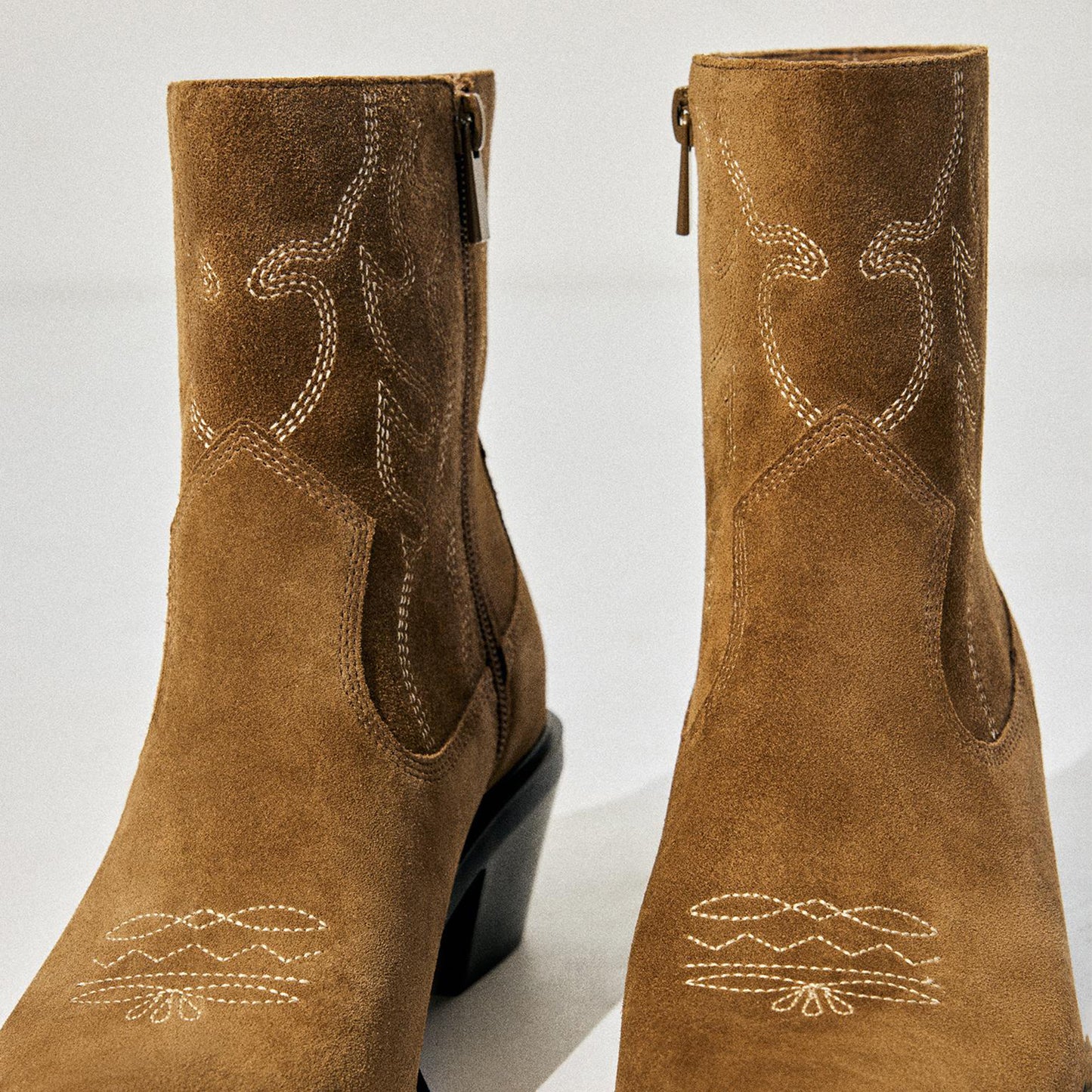 Camel Faux Suede Almond-Toe Embroidery Detail Full-Zip Ankle Cowgirl Boots