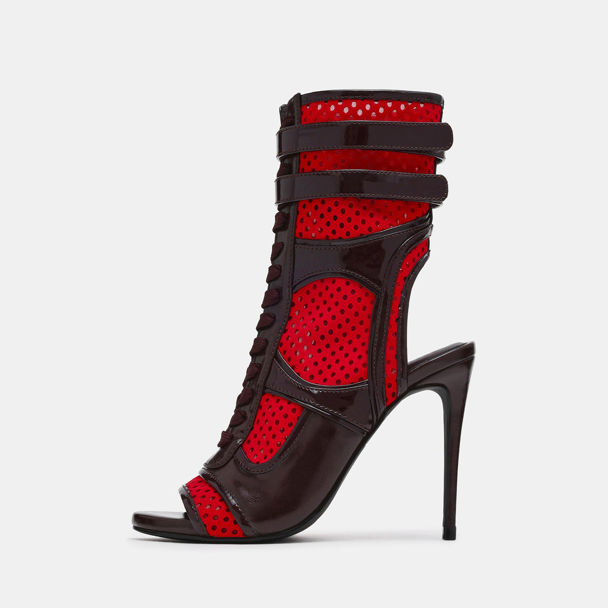 Black Vegan Leather And Red Mesh Peep Round-Toe Front Lace-Up Strappy Side Full-Zip Stiletto Shoes