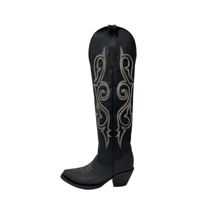 Black Snip-Toe Classic Embroidery Wide Calf Knee High Tall Cowgirl Boots