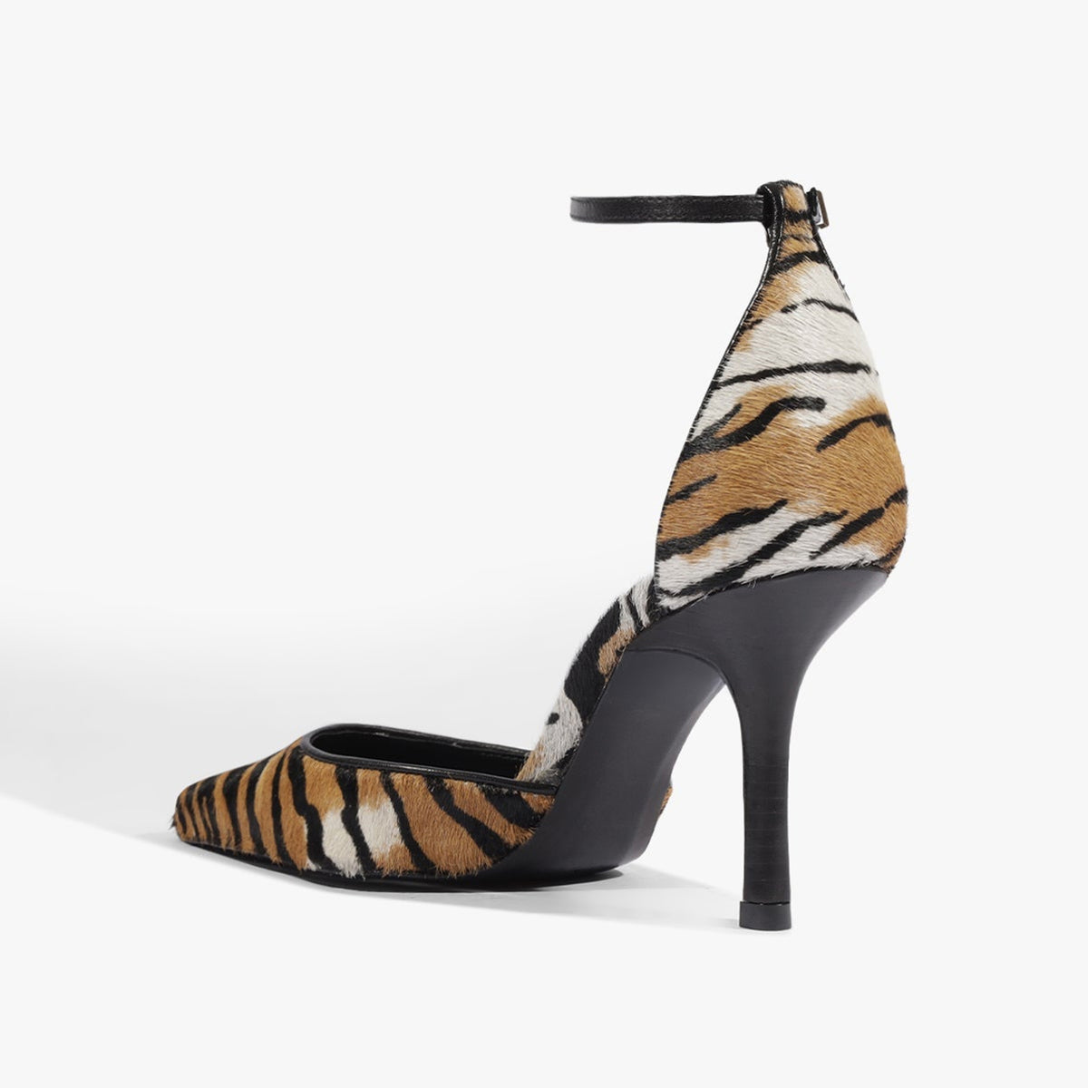 Tiger Pattern Pony Hair Vegan Leather Pointed-Toe Chic Ankle Strap Slip-On High Heels