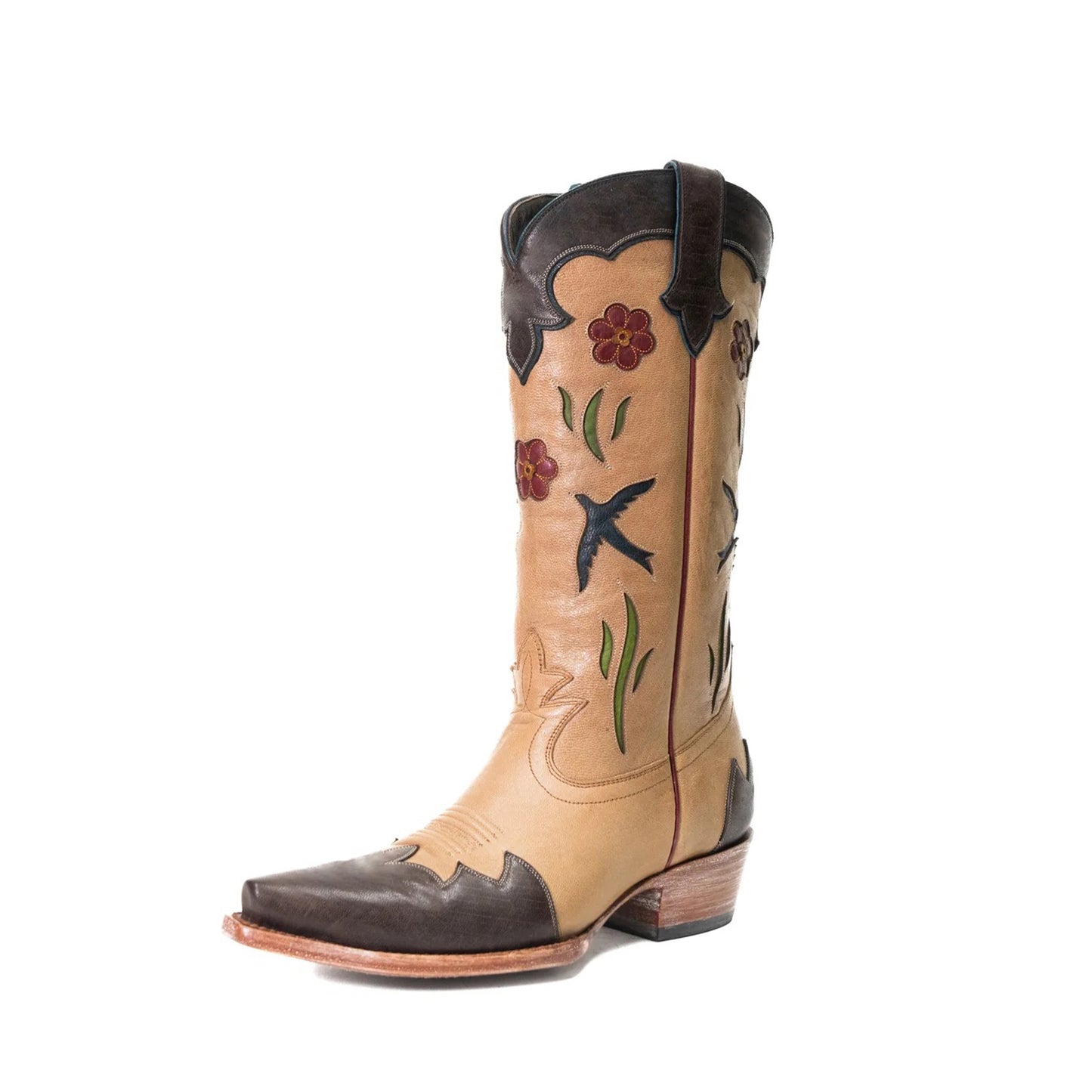 Contrast Camel And Chocolate Snip-Toe Birds Flowers Inlays Mid Calf Cowgirl Boots