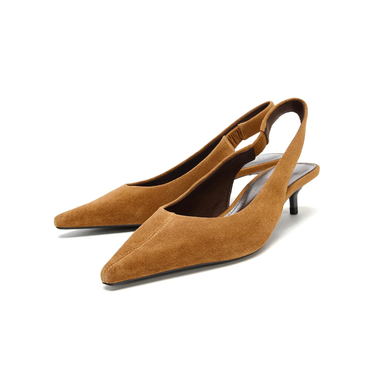 Brown Faux Suede Pointed-Toe Back Strap Classic Kitten Heels