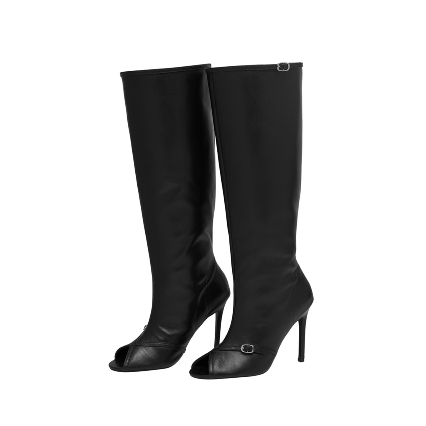 Black Peep Round-Toe Sleek Wide Calf Knee High Stiletto Boots