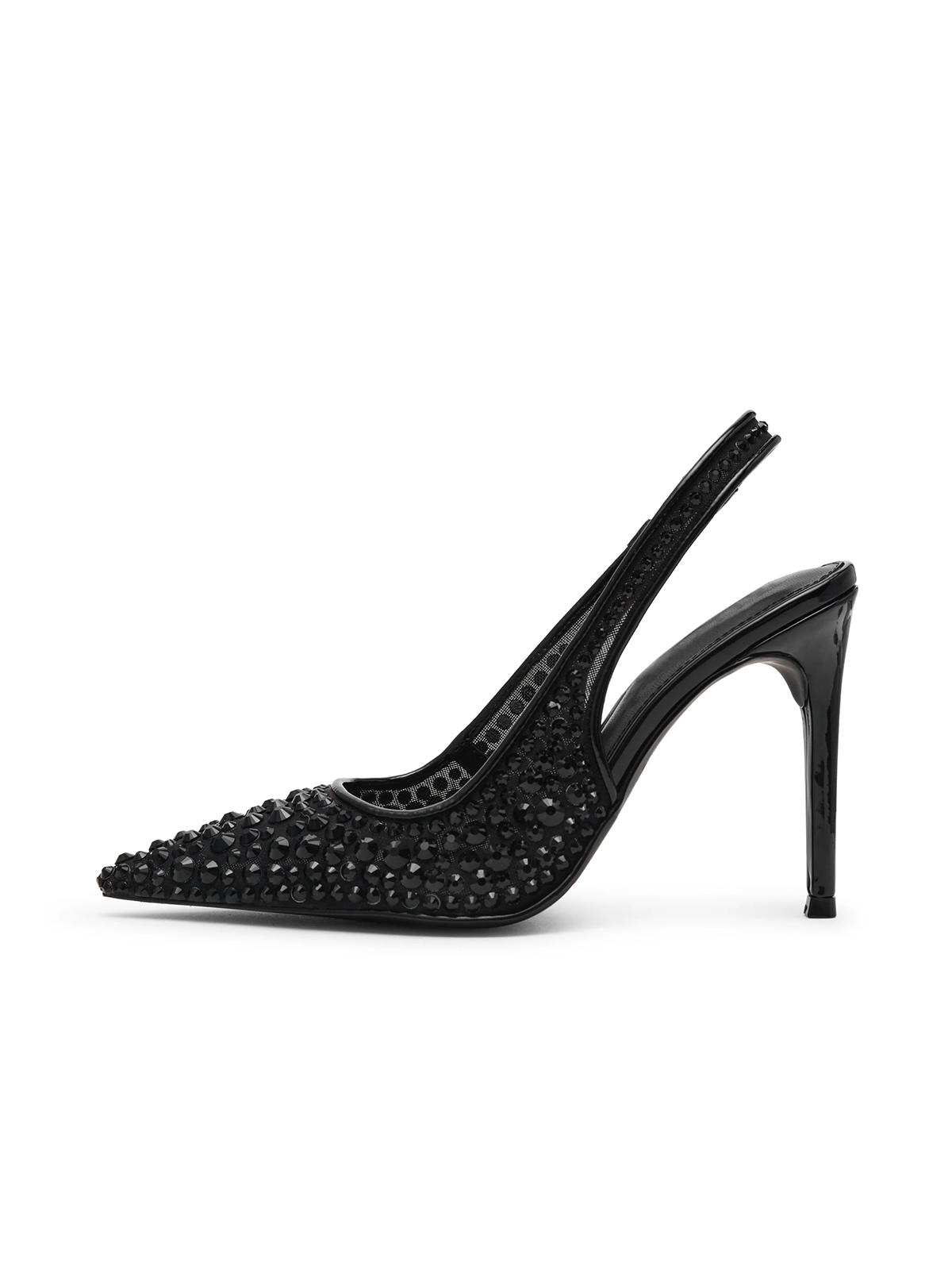 Black Mesh With Rhinestones Pointed-Toe Slingback High Heels Pumps
