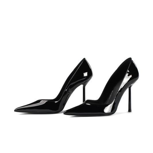 Patent Black Pointed-Toe Sleek Slip-On High Heels