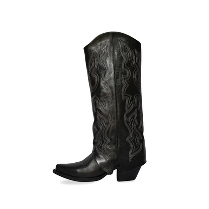 Black Snip-Toe Embroidery Fold-Over Wide Calf Knee High Cowgirl Boots