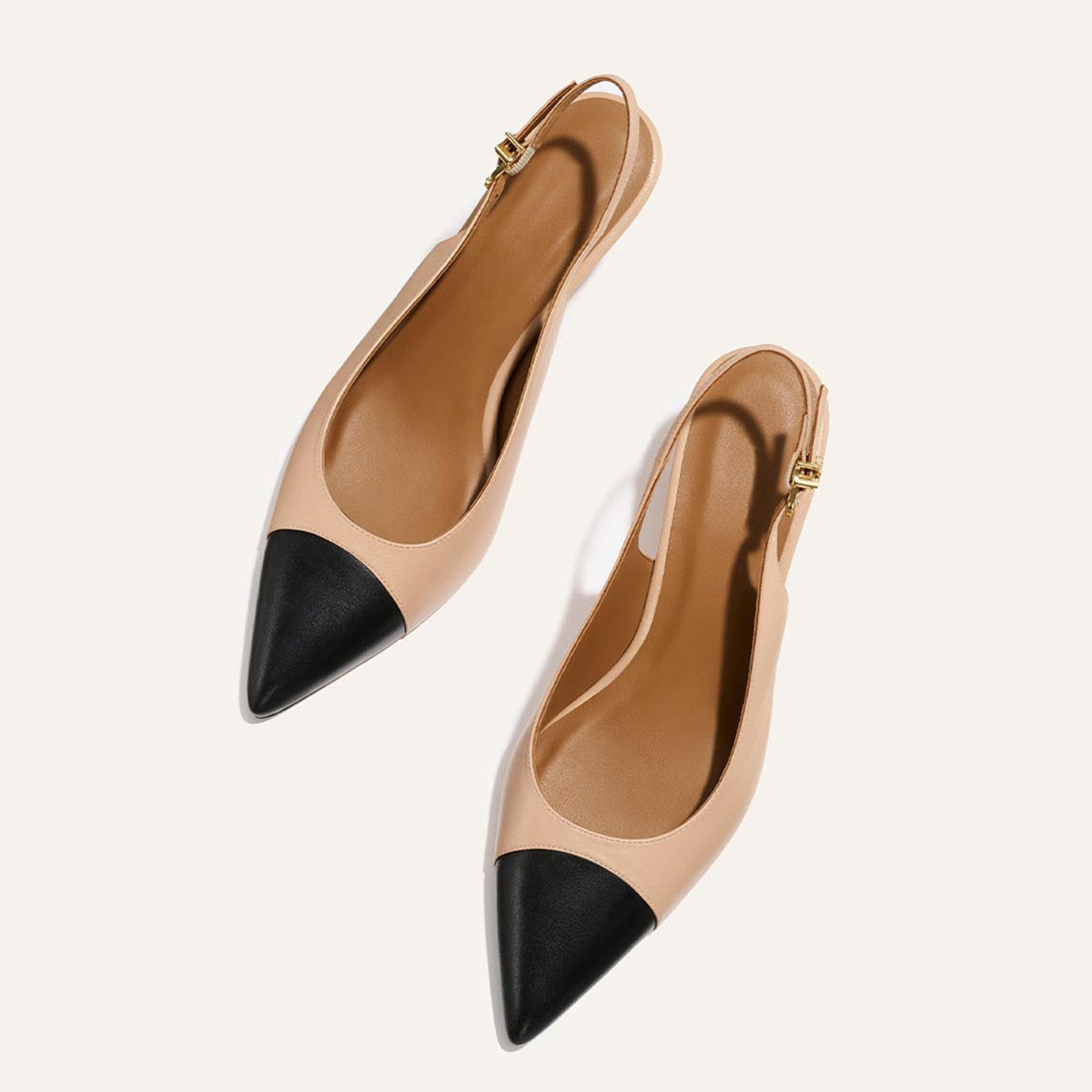 Beige And Black Pointed-Toe Chic Back Strap Kitten Heels