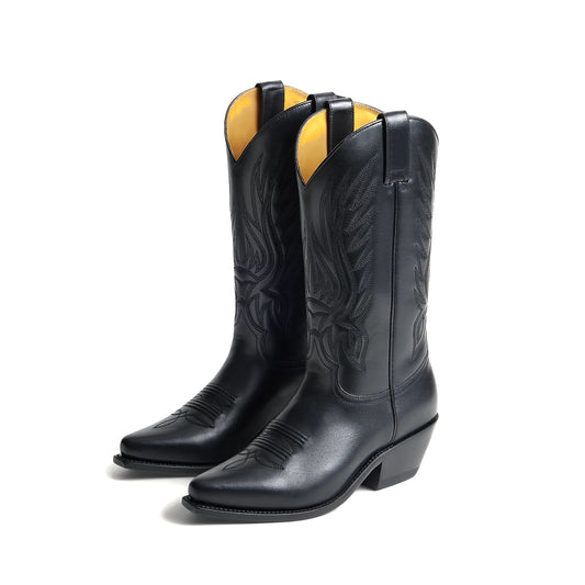 Black Snip-Toe Chic Embroidery Western Mid Calf Cowgirl Boots