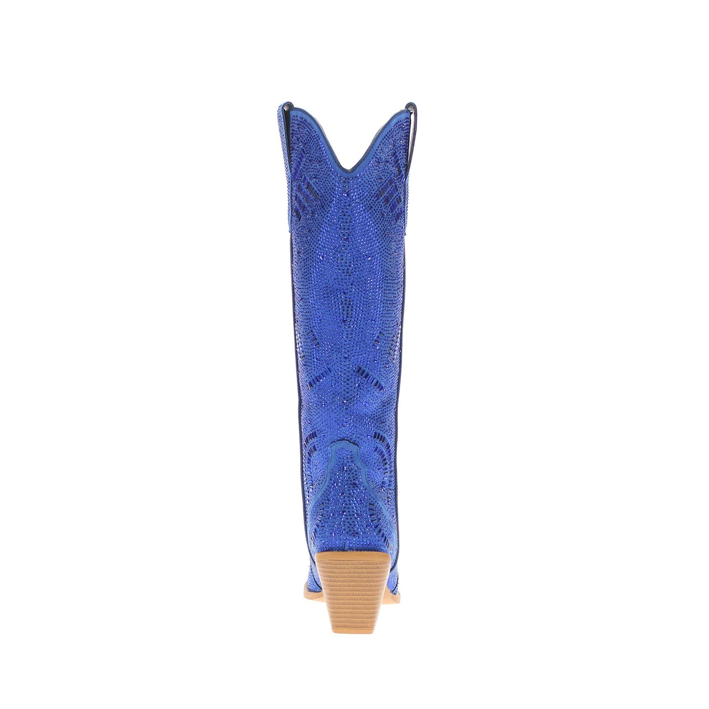 Blue Faux Suede Pointed-Toe Full Crystals Wide Calf Knee High Cowgirl Boots