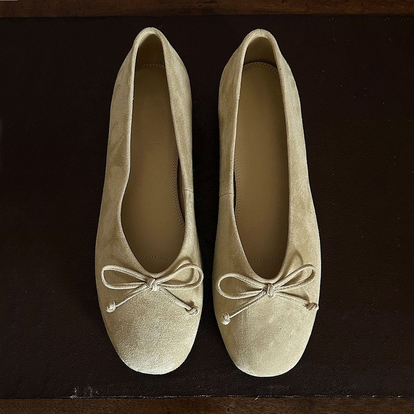 Light Beige Faux Suede Round-Toe Classic Front Bow Detail Ballet Flats