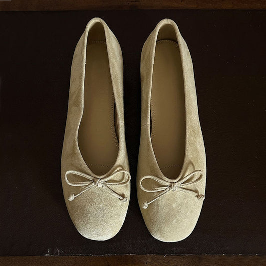 Light Beige Faux Suede Round-Toe Classic Front Bow Detail Ballet Flats