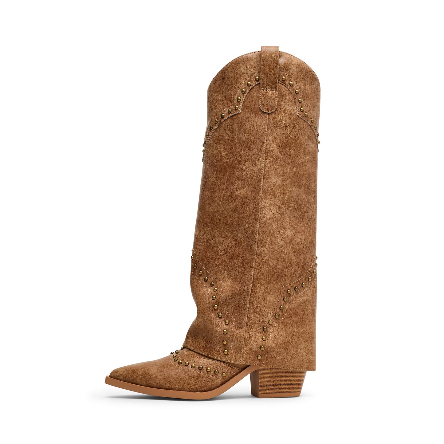 Cognac Pointed-Toe Studded Fold-Over Wide Calf Knee High Cowgirl Boots