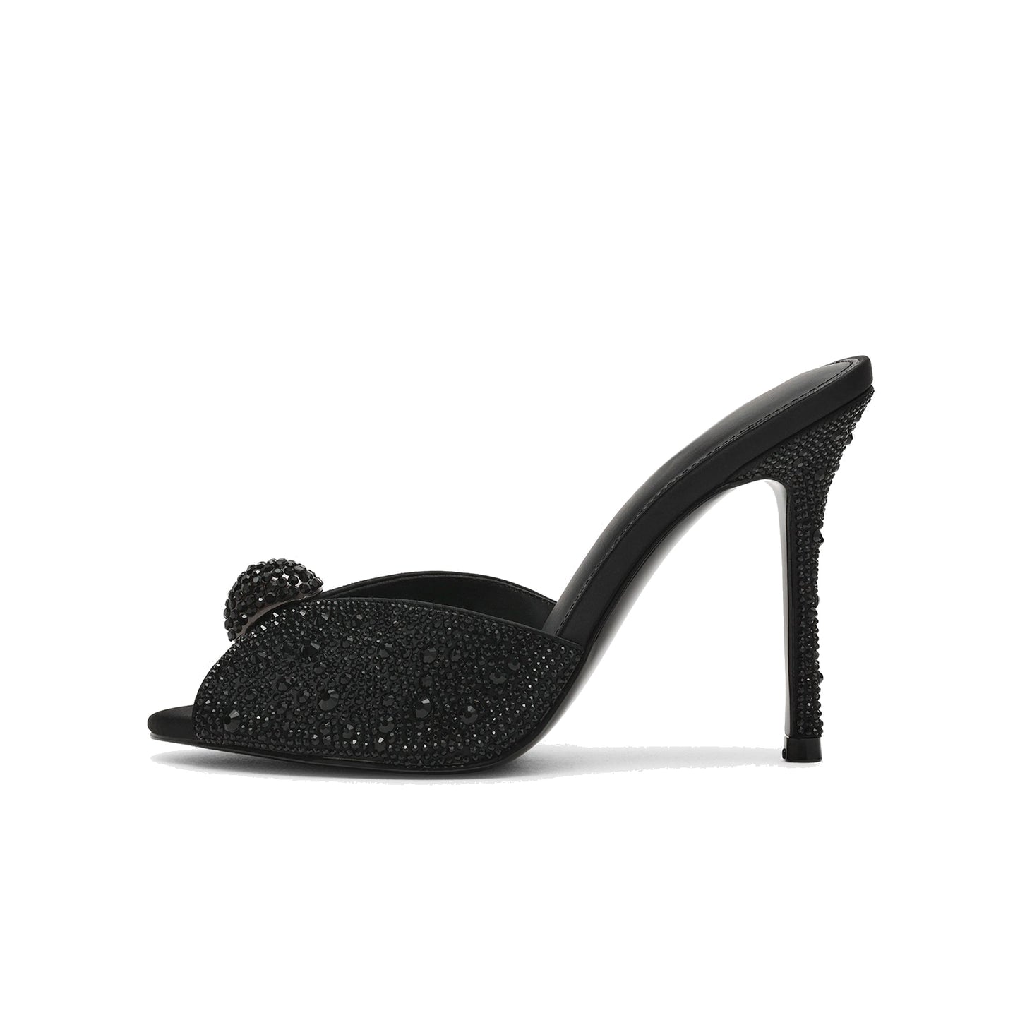 Black Satin With Rhinestones Peep Round-Toe Slip-On Backless High Heels