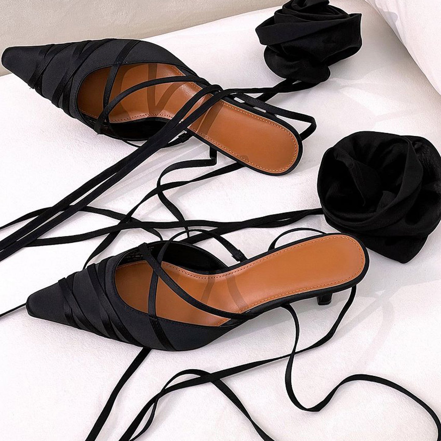 Black Satin Pointed-Toe Lace Up Detail Kitten Heels Pumps