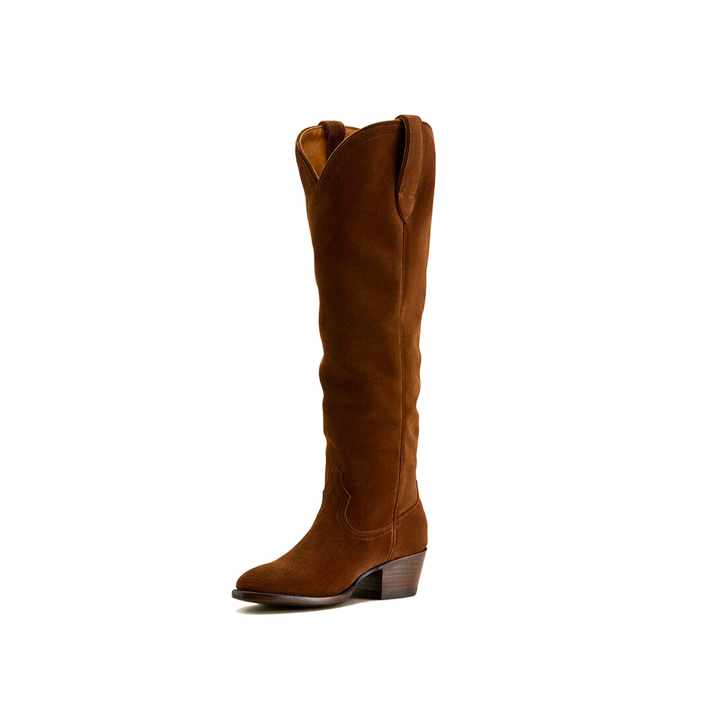 Brown Faux Suede Round-Toe Simple Wide Calf Knee High Cowgirl Boots