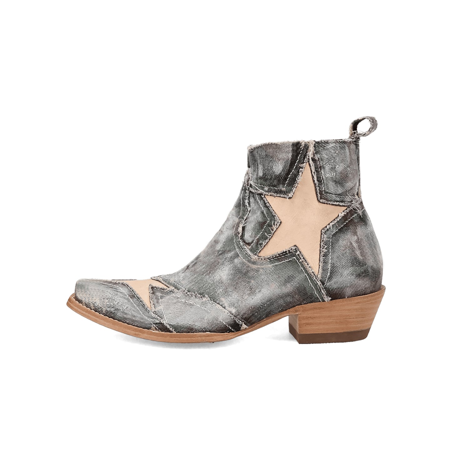 Gray Denim Snip-Toe Vegan Leather Star Inlay Full-Zip Ankle Cowgirl Boots