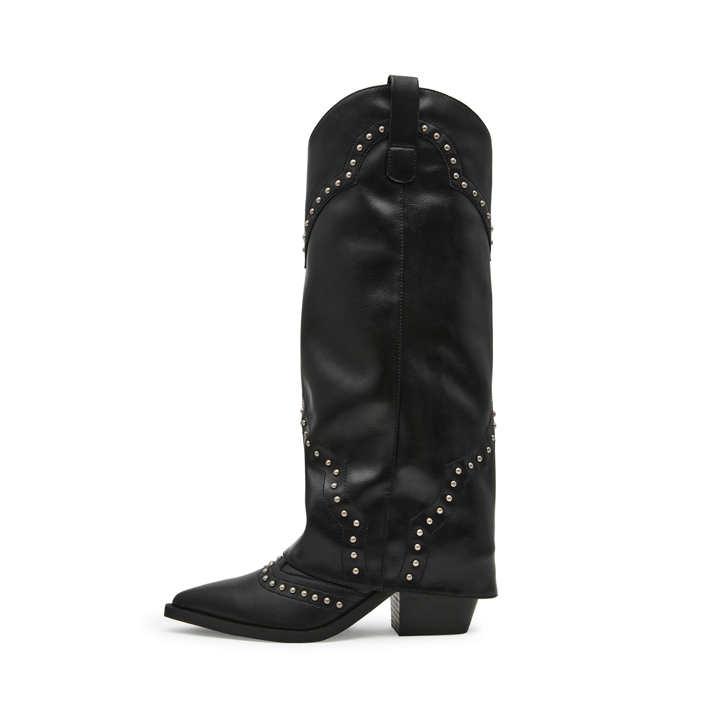 Black Pointed-Toe Studded Fold-Over Wide Calf Knee High Cowgirl Boots