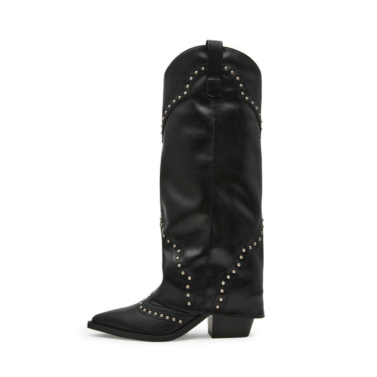 Black Pointed-Toe Studded Fold-Over Wide Calf Knee High Cowgirl Boots
