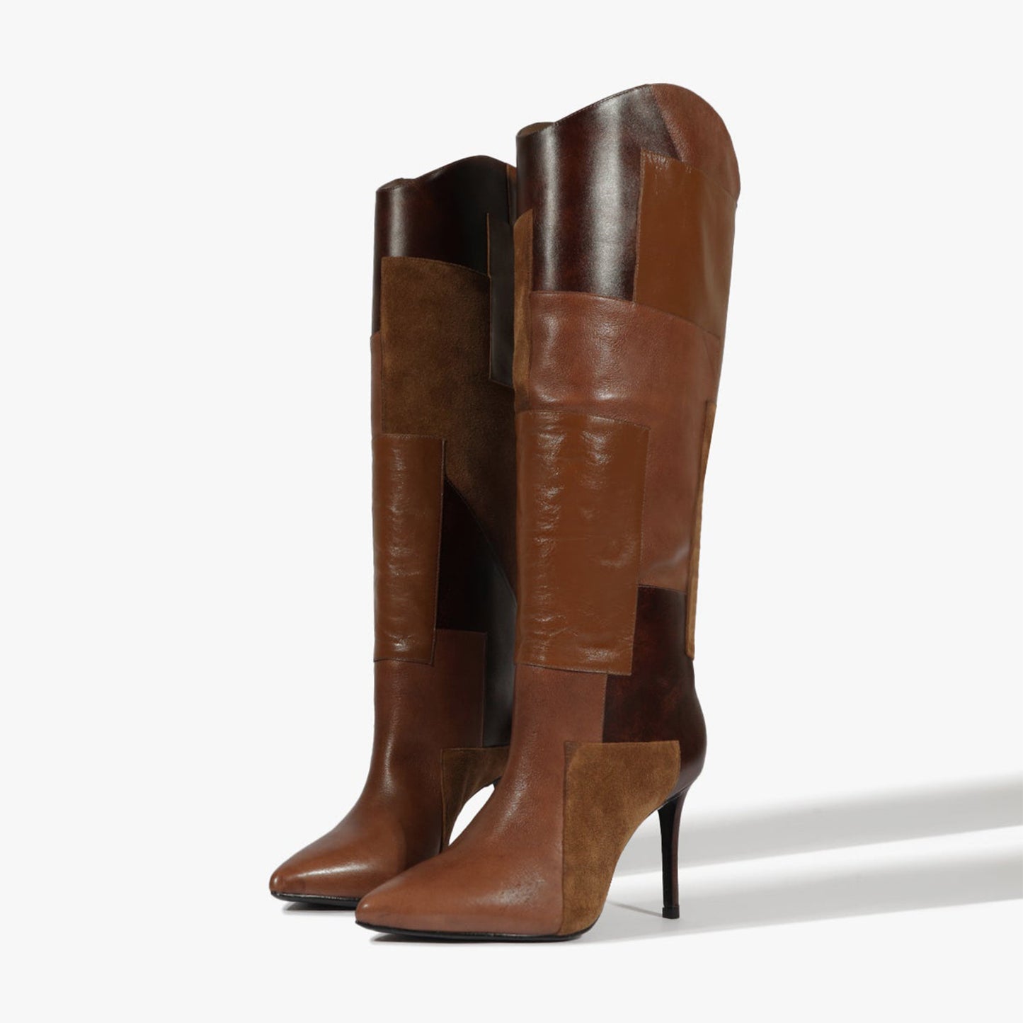 Brown Pointed-Toe Patch Detail Wide Calf Knee High Stiletto Boots