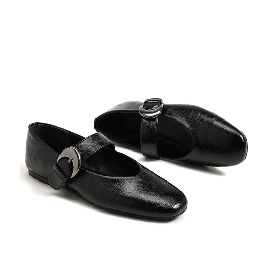 Black Vegan Leather Square-Toe Buckle Bridge Strap Ballet Flats