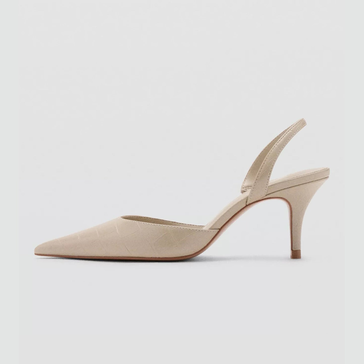 Ecru Stone Pattern Vegan Leather Pointed-Toe Slingback Kitten Heels