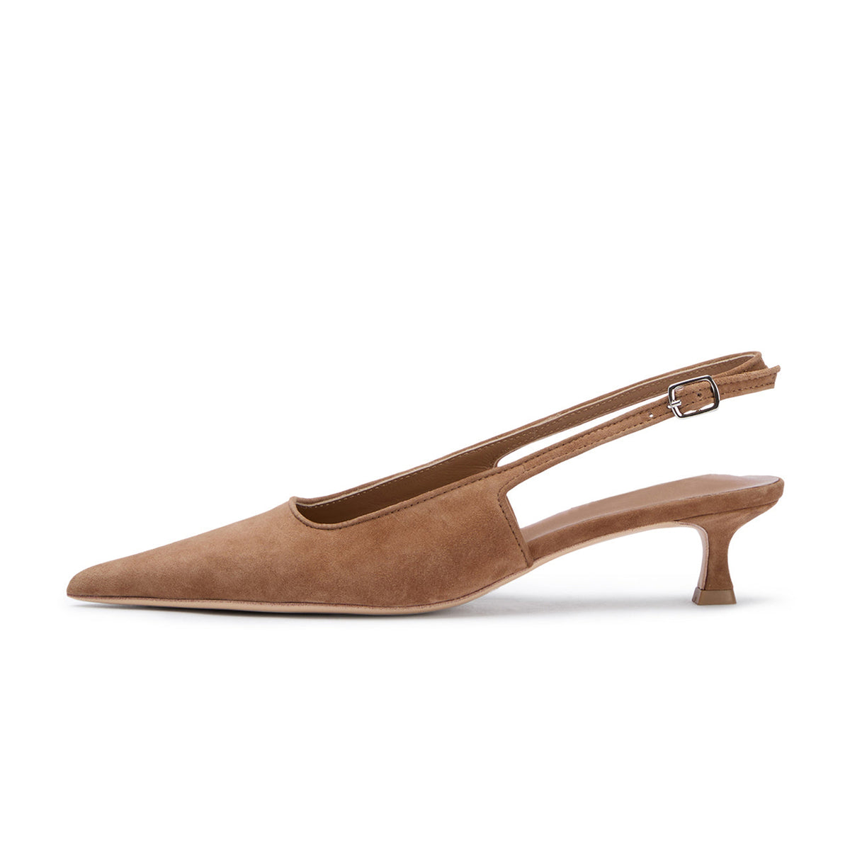 Chic Pointed-Toe Buckle Slingback Kitten Heels - Taupe Faux Suede