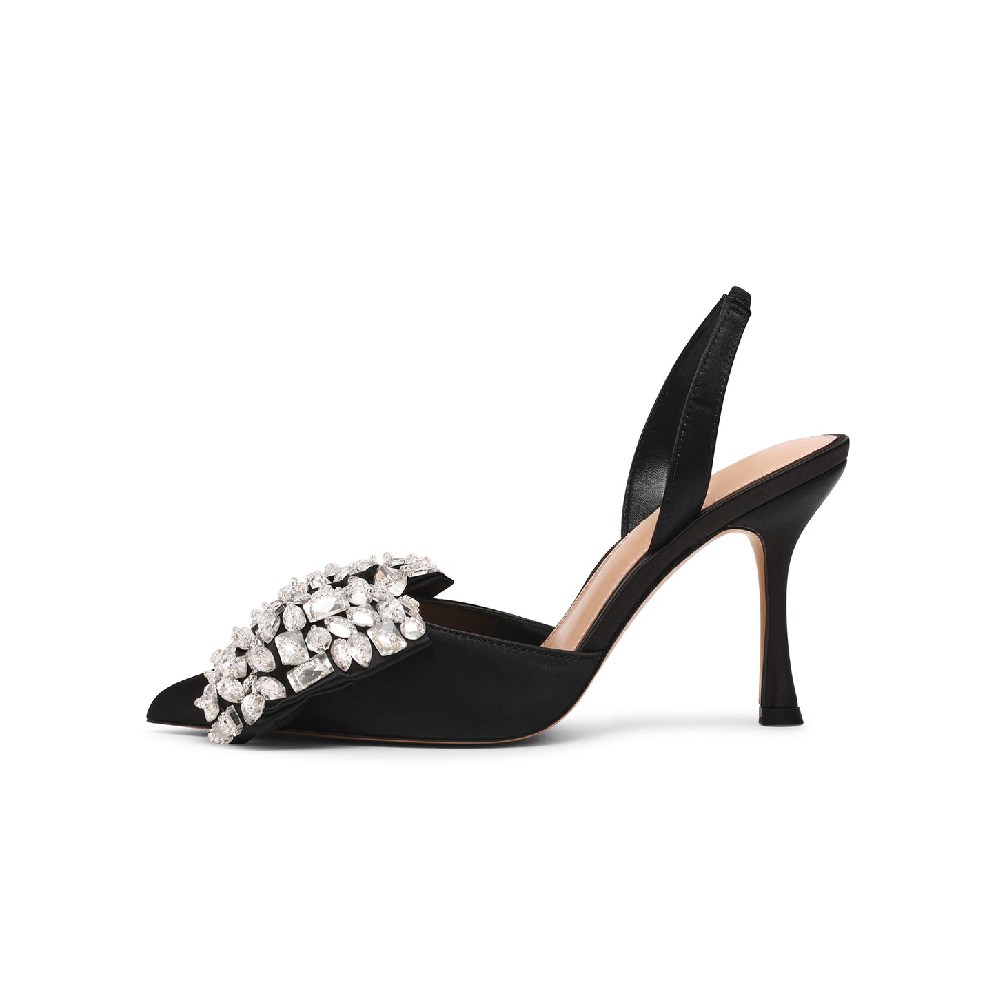 Black Satin Pointed-Toe Crystals Front Bow Slingback High Heels Pumps
