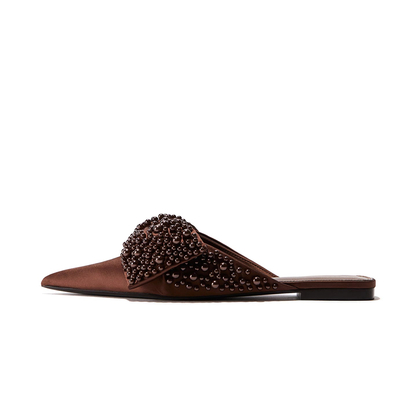 Coffee Satin Pointed-Toe Front Studded Bow Slip-On Flats