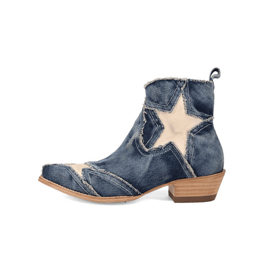 Blue Denim Snip-Toe Vegan Leather Star Inlay Full-Zip Ankle Cowgirl Boots