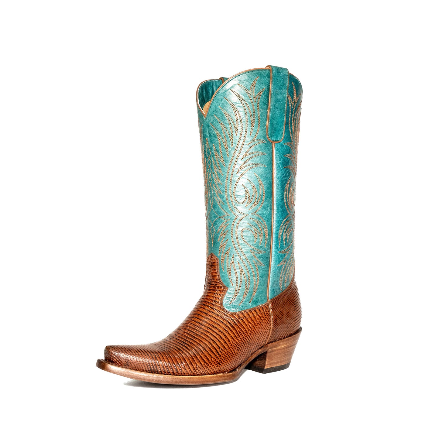 Contrast Turquoise And Cognac Lizard Print Snip-Toe Embroidery Mid Calf Cowgirl Boots