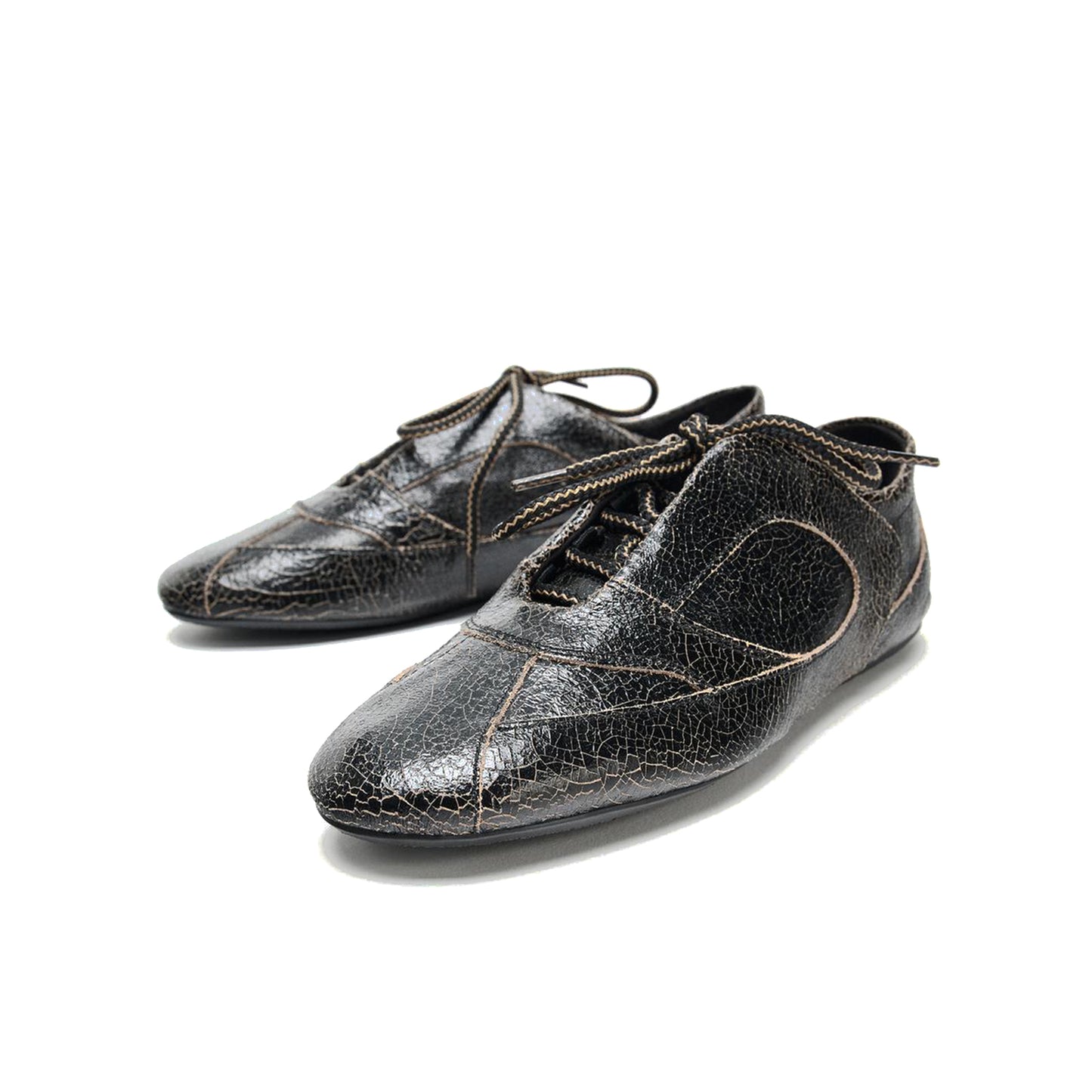Distressed Black Square-Toe Classic Lace-Up Flats
