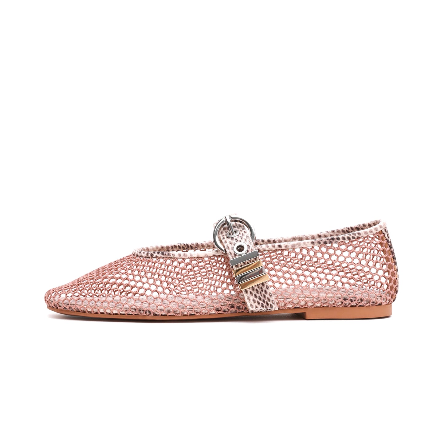 Blush Pink Mesh Round-Toe Snakeskin Print Bridge Strap Ballet Flats