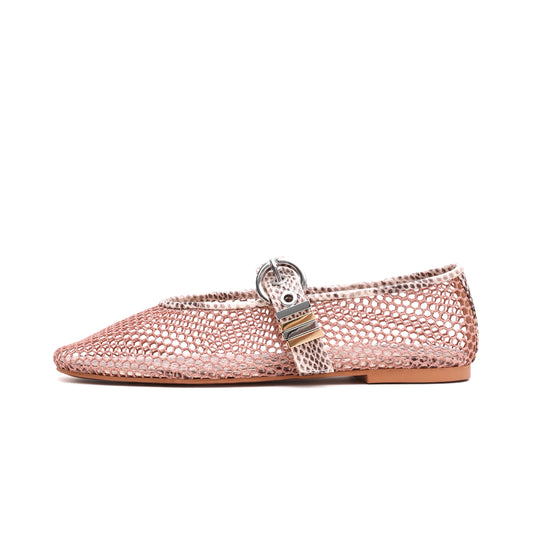 Blush Pink Mesh Round-Toe Snakeskin Print Bridge Strap Ballet Flats