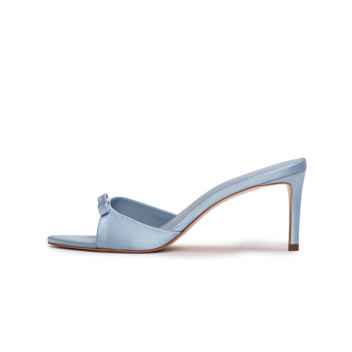 Blue Satin Round-Toe Front-Bow Backless Kitten Heels