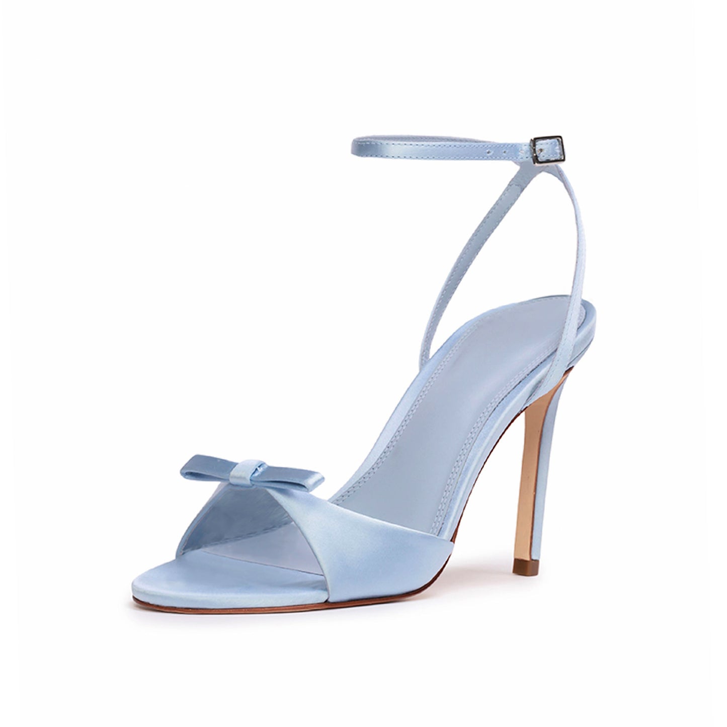 Blue Satin Round-Toe Front Bow Ankle Strap High Stiletto Heels